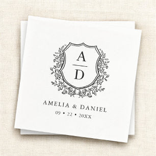 Floral Black White Crest Wedding Monogram Napkins