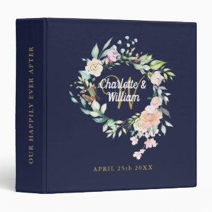 Floral Gold Monogram Navy Blue Wedding Album 3 Ring Binder