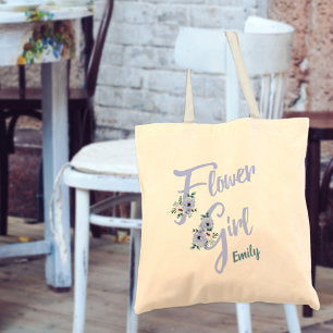 Floral Letter Dusty Blue Personalized Flower Girl Tote Bag