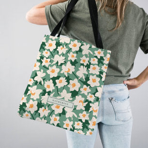 Floral Spring Daffodil Blooms Green Monogrammed Tote Bag