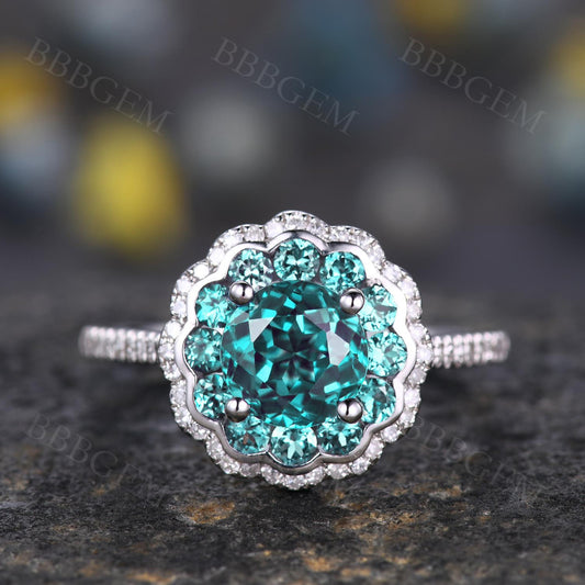 1 Carat Alexandrite Ring Floral Halo Engagement Ring Vintage Romantic