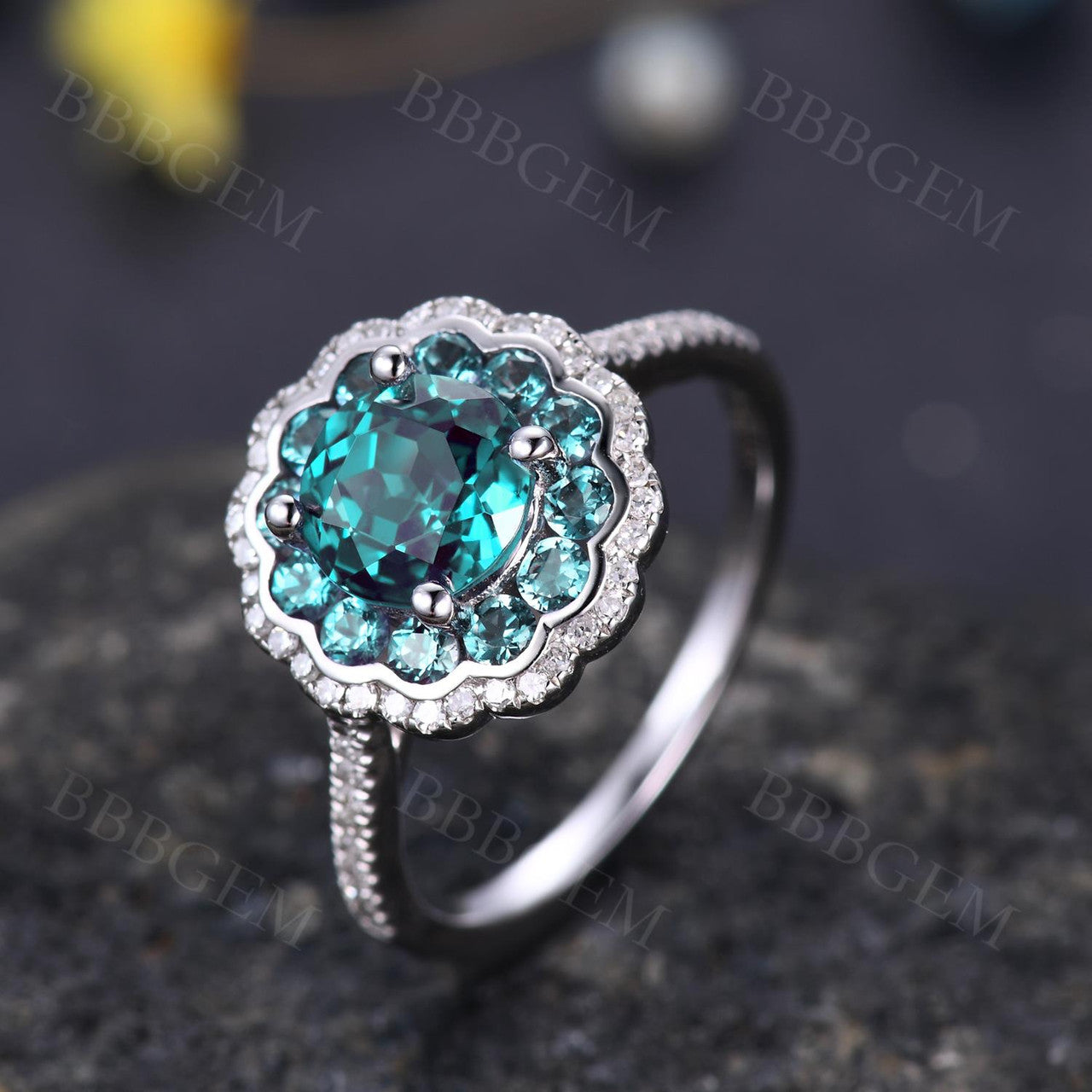 1 Carat Alexandrite Ring Floral Halo Engagement Ring Vintage Romantic