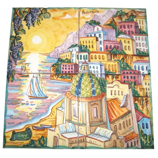 Hand Painted Tiles of Positano Sunset / Amalfi Landscape (Set of 4 tiles)