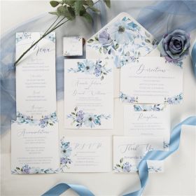 French Blue And Periwinkle Watercolor Flower Wedding Invitations With Vellum Paper Pockets Swpi037