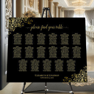 Frilly Black & Gold 17 Table Wedding Seating Chart Foam Board