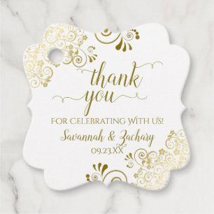 Frilly Corners Gold & White Wedding Thank You Favor Tags