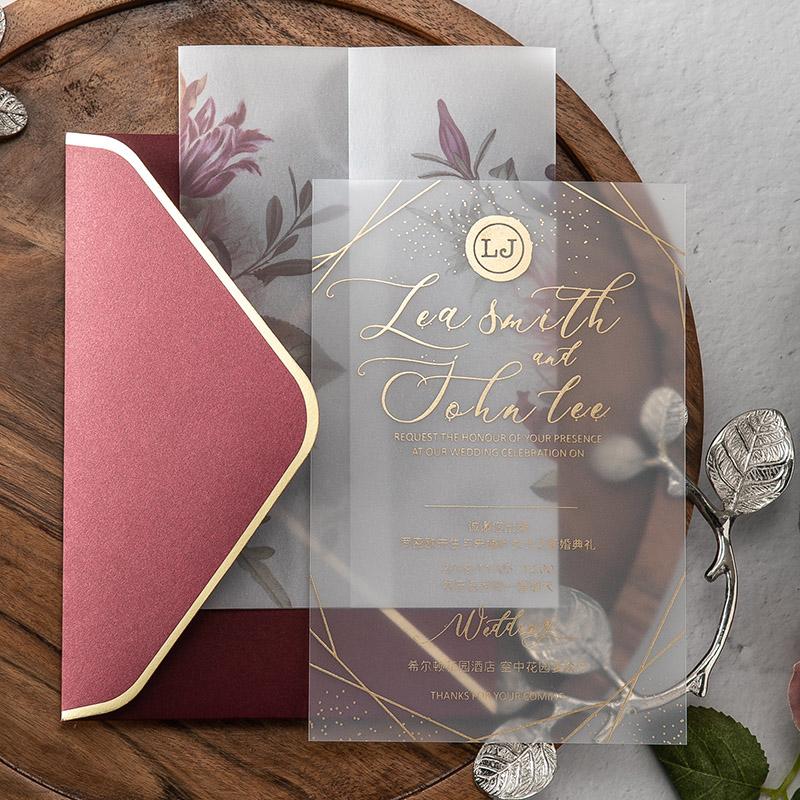 FROSTED Lucite Acrylic Wedding Invitations, Calligraphy Foil Gold Printing Transparent Invites With Burgundy Envelopes