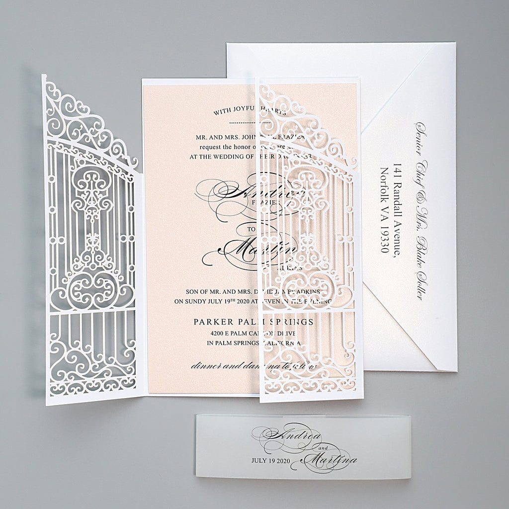 Gate Laser Cut Invitations for Wedding Calligraphy Invite Cards, Printed Envelope Available