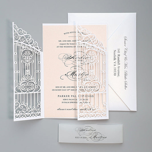 Gate Laser Cut Invitations for Wedding Calligraphy Invite Cards, Printed Envelope Available