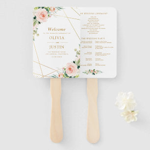 Geometric gold and blush floral wedding program hand fan