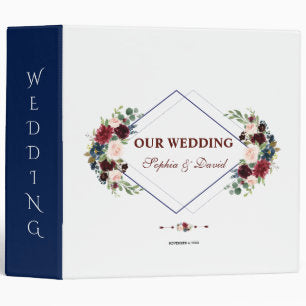Geometric Merlot Navy Blue Floral Wedding Album 3 Ring Binder