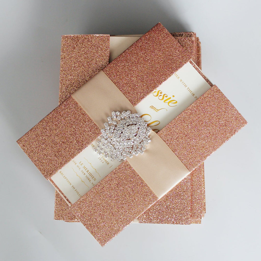 Glitter Rose Gold Wedding Invitation with Elegant Ribbon