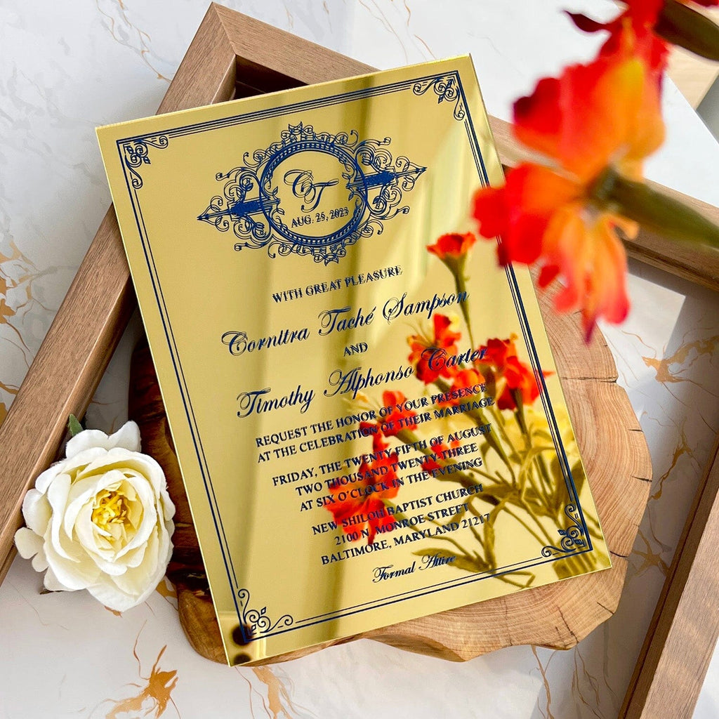 Gold and Navy Mirror Wedding Invitation, Wedding Acrylic Invitations, Monogram Gold Wedding Card