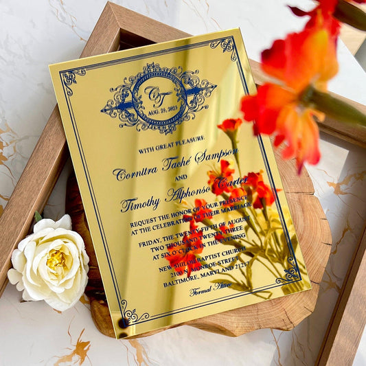 Gold and Navy Mirror Wedding Invitation, Wedding Acrylic Invitations, Monogram Gold Wedding Card