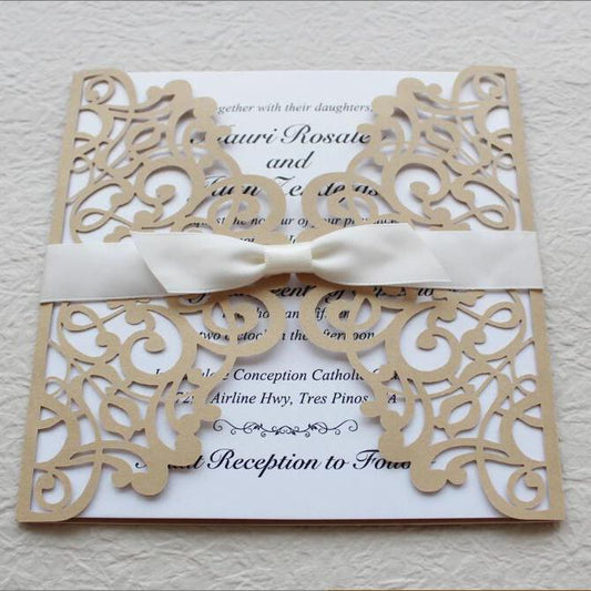 Gold and White Wedding Invitation Set, Gold Lace Invitation Cards