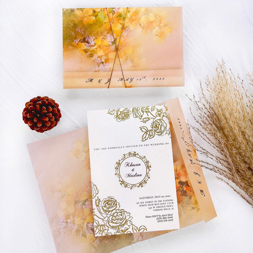 Gold and Yellow Floral Vellum Jacket Wedding Invitation, Luxury Gold Foil Invites with Personalized Monogram, Elegant Watercolor Covers with Golden Twine