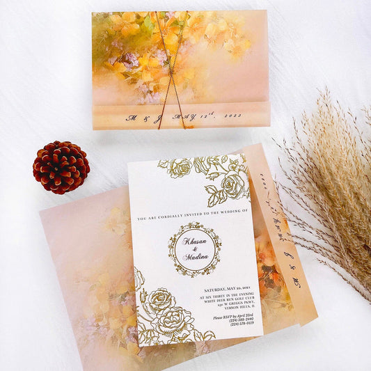 Gold and Yellow Floral Vellum Jacket Wedding Invitation, Luxury Gold Foil Invites with Personalized Monogram, Elegant Watercolor Covers with Golden Twine