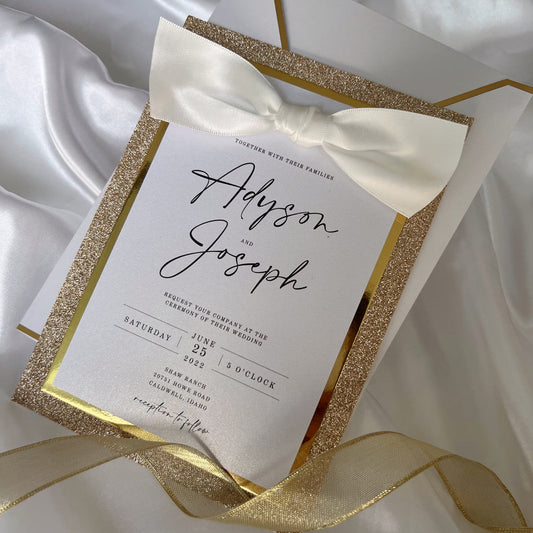 Gold Glitter Multi Layers Wedding Invitations with Ribbon Bow, Customized Invite Wording
