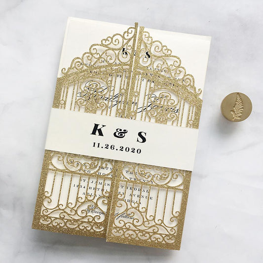 Gold Glitter Wedding Invitation Laser Cutting Invitations Gate Wedding Cards