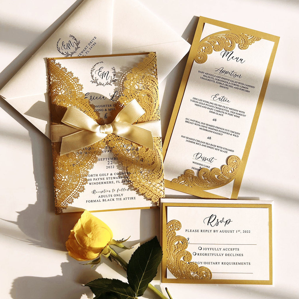 Gold Lace Wedding Invitation Set with Customized Invite Wording, Envelopes Addressing
