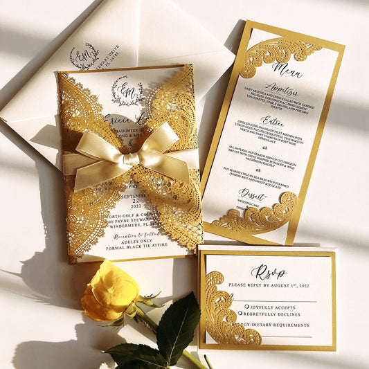 Gold Lace Wedding Invitation Set with Customized Invite Wording, Envelopes Addressing
