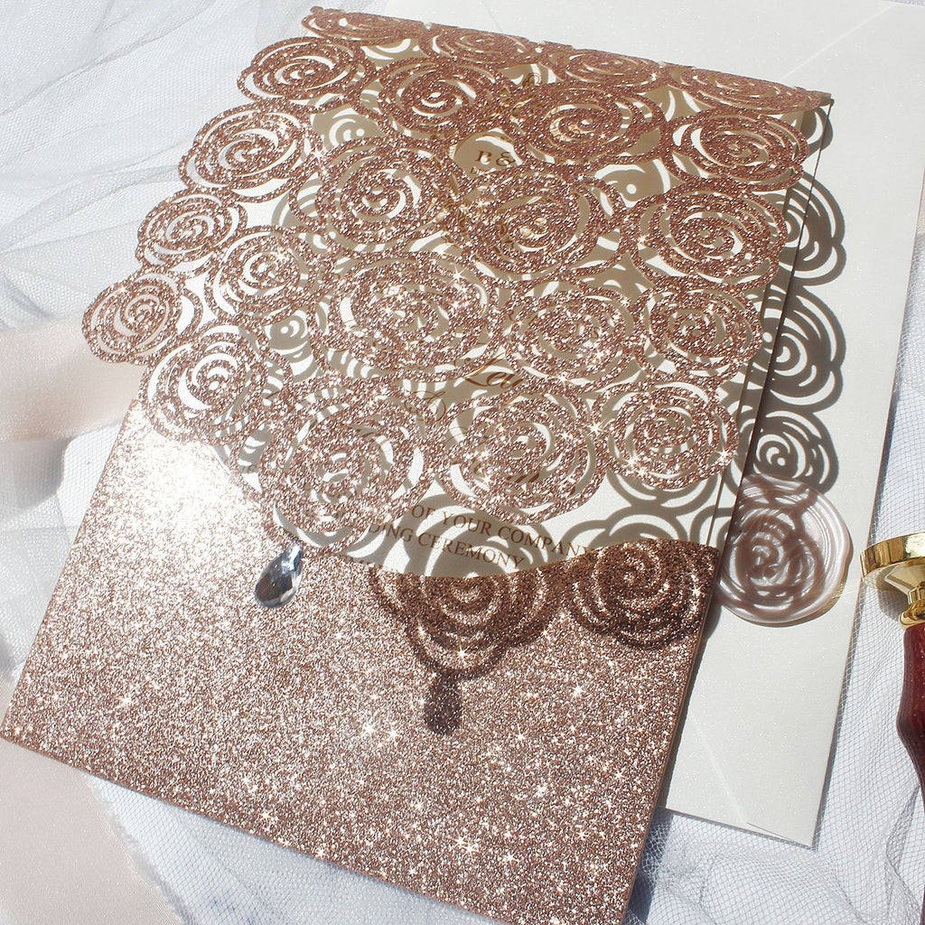 Gold Rose Wedding Invitations, Lace Wedding Invitation Card