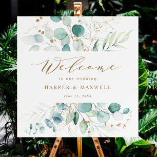 Gold and Green Elegant Botanical Wedding Welcome Poster