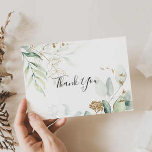 Gold Eucalyptus Calligraphy Flat Wedding Thank You Card