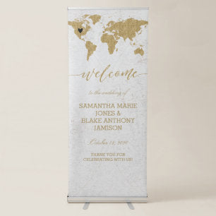 Gold Foil World Map Destination Wedding Welcome Retractable Banner
