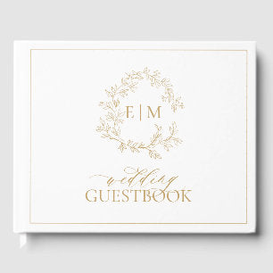 Gold Leafy Crest Monogram Wedding Guest Book