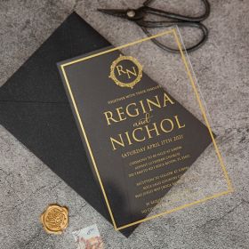 Modern Gold Screen Printing Acrylic Wedding Invitation Cards With Monogram CAX048
