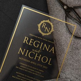 Luxury Gold Screen Printing Acrylic Wedding Invitation Cards With Monogram Swal088