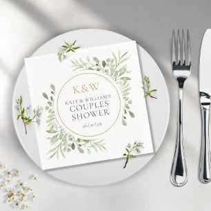 Gold Monogram Greenery Couples Wedding Shower Napkins