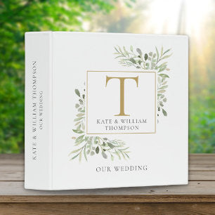 Gold Monogram Greenery Wedding Photo 3 Ring Binder