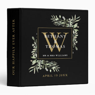 Gold Monogram Wedding Album Greenery Black 3 Ring Binder