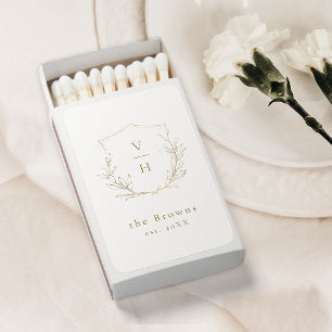Gold simple botanical crest monogram wedding matchboxes