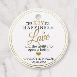 GOLD Wedding Key to Happiness is LOVE Open Bottle Favor Tags