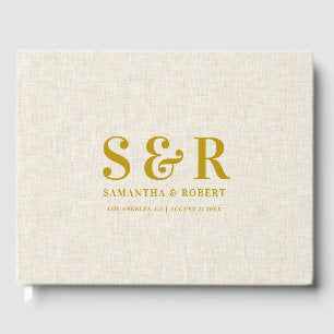 Gold Wedding Monogram Beige Linen Guest Book