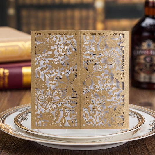 Golden Gate-fold Wedding Invitations; Gold Lace Wedding Invitation Cards - Set of 50pcs