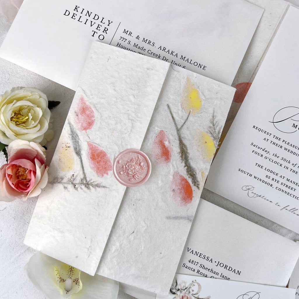 Grass Floral Handmade Personalized Wedding Invitations Suite, Deckled Edge Invites for Elegant Pink Wedding, Custom Wax Seal