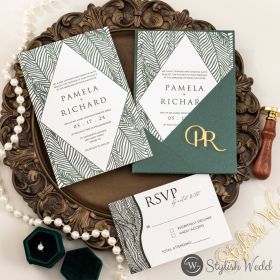 Green Leaf Letterpress Wedding Invitation With Pocket And Gold Acrylic Name Tag Swpi183T