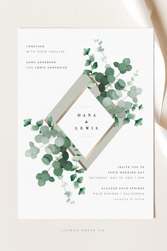 Modern Geometric Eucalyptus Wedding Invitation | Hana
