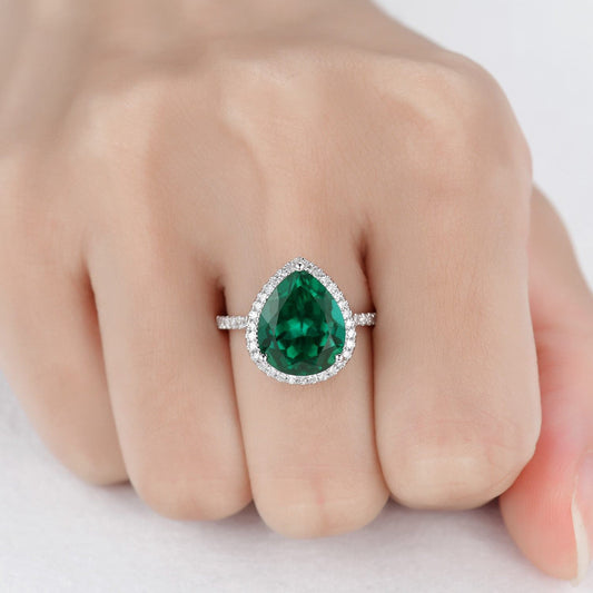 3 Carat Green Emerald Statement Ring 10x12mm Pear Teardrop Shape Women Cocktail Ring