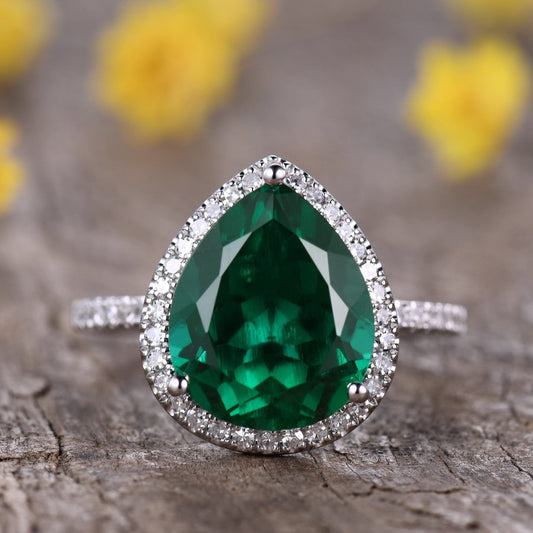 3 Carat Green Emerald Statement Ring 10x12mm Pear Teardrop Shape Women Cocktail Ring