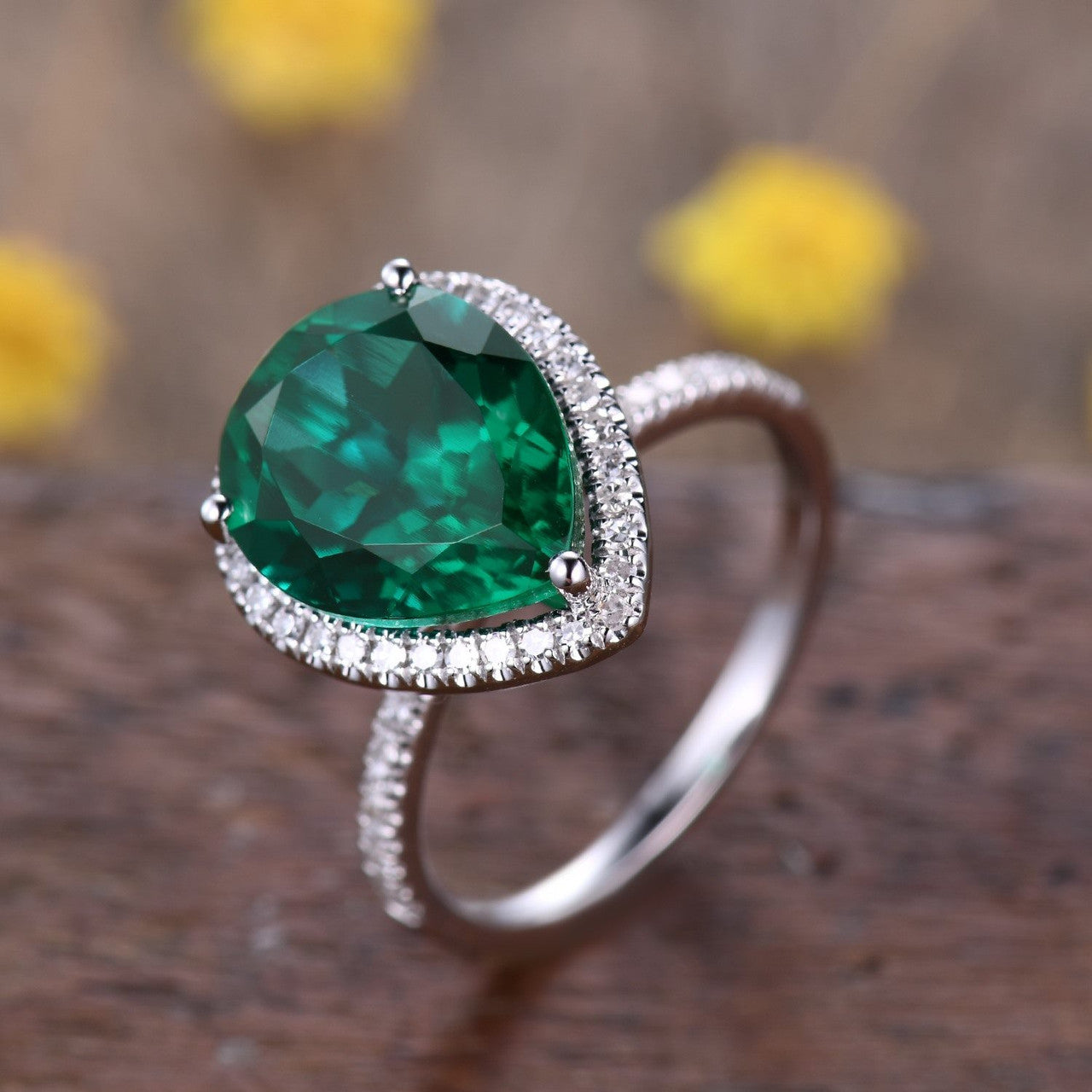 3 Carat Green Emerald Statement Ring 10x12mm Pear Teardrop Shape Women Cocktail Ring