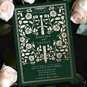 Green Royal Medieval Rose Gold Sword Wedding Foil Invitation