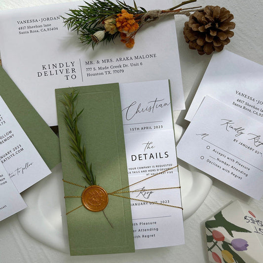 Greenery Wedding Invitations with Wax Seal, Forest Green Wedding Theme, Calligraphy Wedding Cards and RSVP Card, Details Card