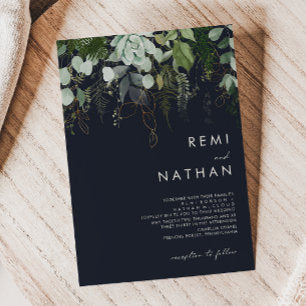 Greenery and Gold Leaf Dark Navy Wedding Invitation