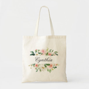 Greenery Blush Pink Watercolor Floral Bridesmaid Tote Bag