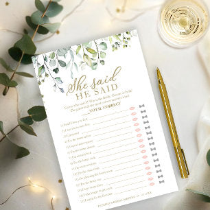 Greenery Bridal Shower He Said She Said Game Flyer